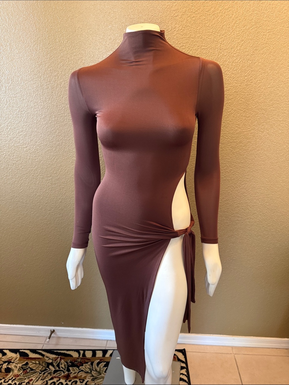 Y2K Oh Polly Chocolate Brown High Neck Side Tie Bodycon Dress
